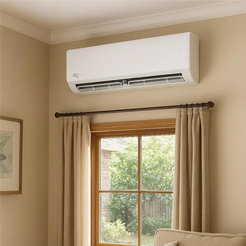 Wall-mounted white air conditioner, designed for efficient cooling in indoor spaces.